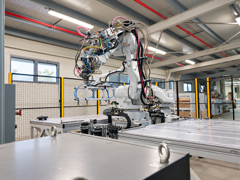 Industrial robotic cell with automated robots in a manufacturing facility